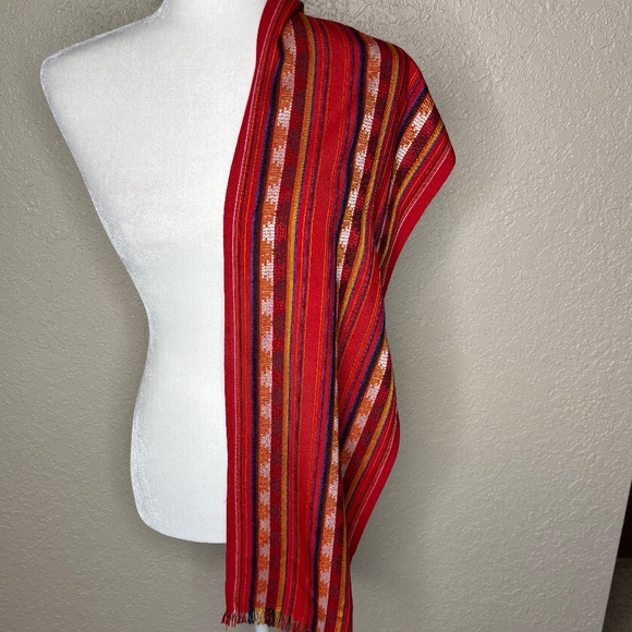 Red Blue Orange Peruvian Geometric Pattern Lightweight Woven Stripe Scarf Wrap - Picture 6 of 7